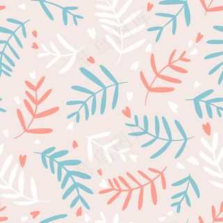 花卉无缝模式与心在米色背景柔和的颜色。手绘简单涂鸦插图。适用于纺织品、壁纸、包装等。