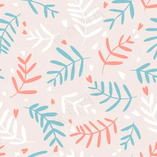 花卉无缝模式与心在米色背景柔和的颜色。手绘简单涂鸦插图。适用于纺织品、壁纸、包装等。