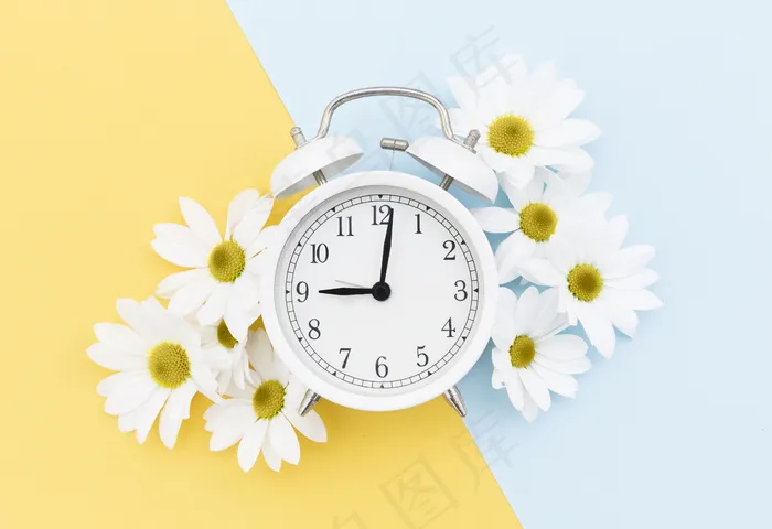 带时钟和雏菊的俯视图布置