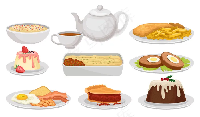 一套英国菜。美味的菜肴、甜点和茶。英国菜。白色背景上的彩色插图。eps,ai矢量模版下载