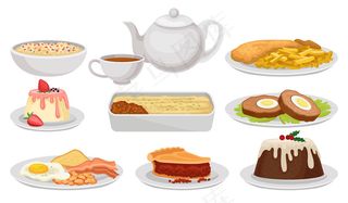 一套英国菜。美味的菜肴、甜点和茶。英国菜。白色背景上的彩色插图。