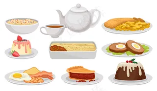 一套英国菜。美味的菜肴、甜点和茶。英国菜。白色背景上的彩色插图。