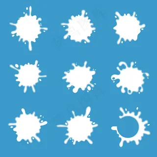 飞溅设置。液体或水滴、飞溅物和污渍的矢量轮廓。