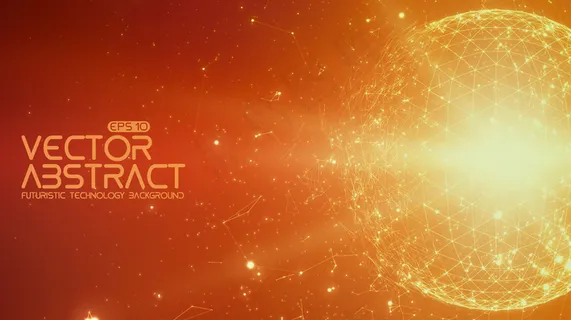 抽象空间橙色背景。空间中的混沌连通点和多边形