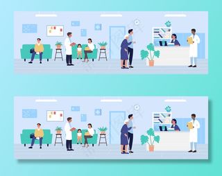 医院接待插画、卡通病人角色等待医生预约、保健药品办公室背景