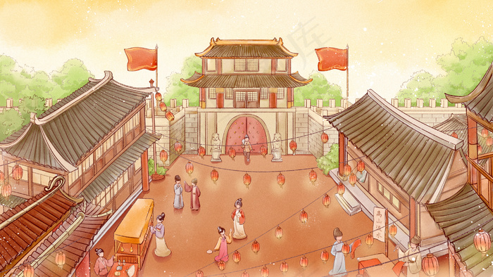 金色黄色新国风古风水彩古代城市集市建筑(2880*1620px 300 dpi )psd模版下载