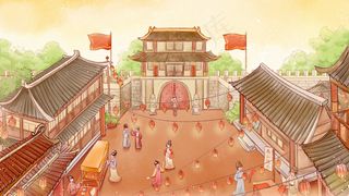 金色黄色新国风古风水彩古代城市集市建筑