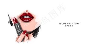 矢量图解。极端接近模型样机，应用深红色唇膏。化妆。专业时尚复古妆容。深红色唇膏。酒唇