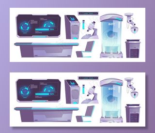 现代科学实验室设备、显微镜、化学管、计算机和表隔离。用于测试和分析的科学实验室技术图标矢量卡通集