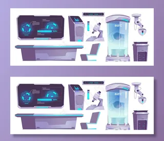 现代科学实验室设备、显微镜、化学管、计算机和表隔离。用于测试和分析的科学实验室技术图标矢量卡通集