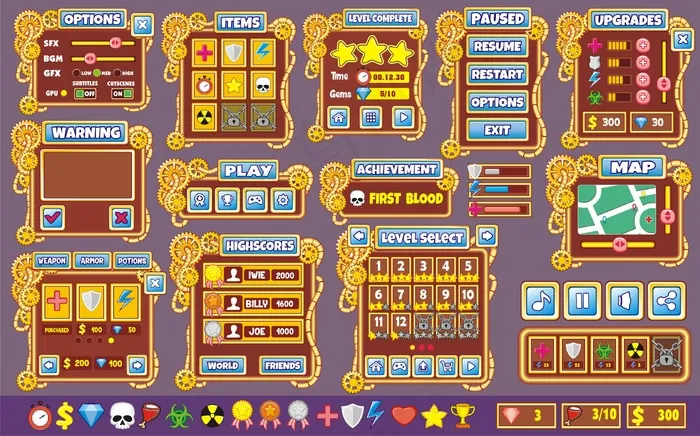 界面游戏设计。创建2d游戏所需的所有屏幕eps,ai矢量模版下载