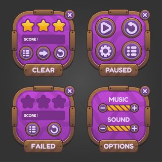 rpg和冒险游戏的一套游戏菜单选择，包括菜单、关卡选择和选项。