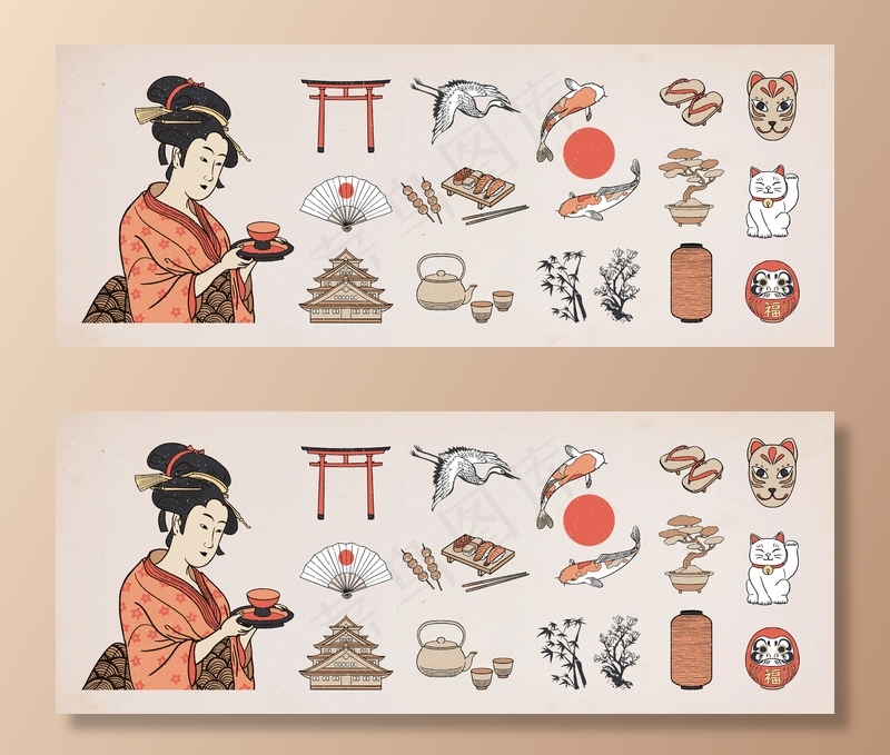 日本设计元素集。艺妓女插画。