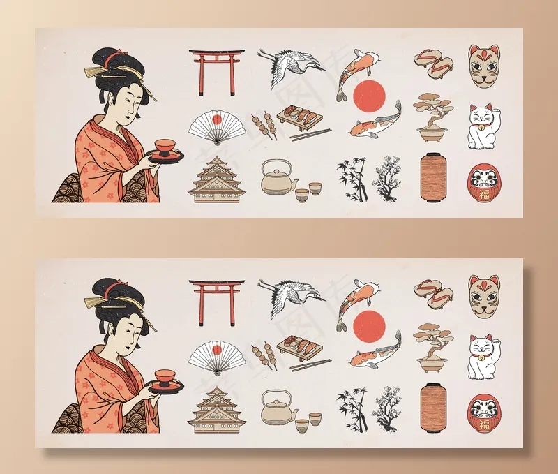 日本设计元素集。艺妓女插画。eps,ai矢量模版下载