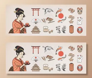 日本设计元素集。艺妓女插画。