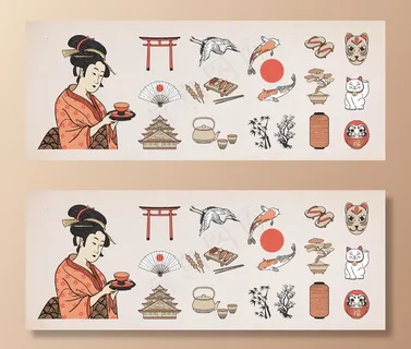 日本设计元素集。艺妓女插画。 日本设计元素集。艺妓女插画。