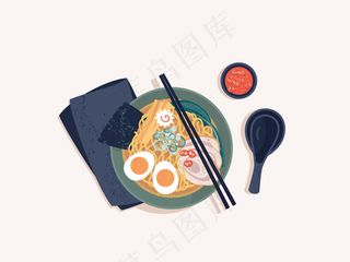 一碗牛肉拉面顶视图