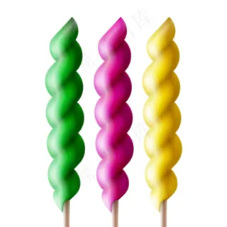 矢量集绿色，粉红色，黄色螺旋棒棒糖棒上孤立的白色