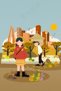 秋天路边的男孩和女孩