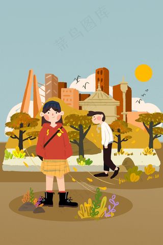 秋天路边的男孩和女孩