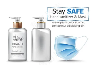 带有洗手液和医用防护面罩的Stay safe横幅banner