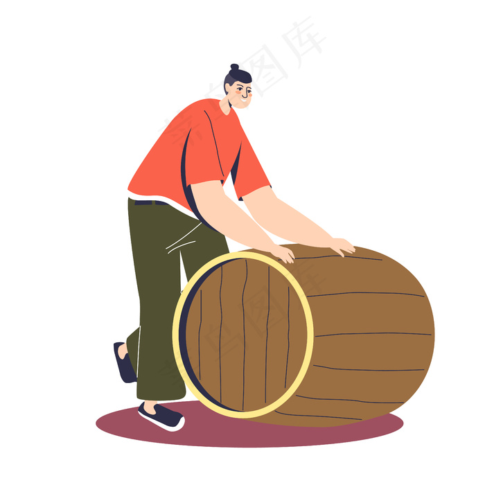 卡通男主角滚木桶鲜酿啤酒插画