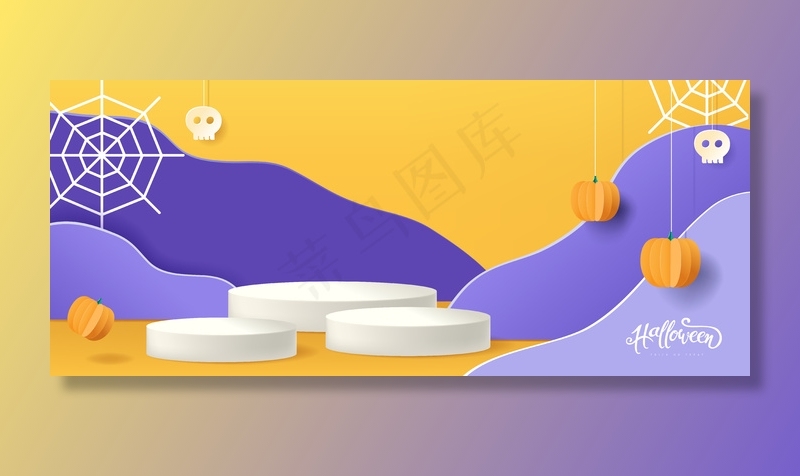 万圣节背景设计配合产品展示圆柱形，剪纸风格。
