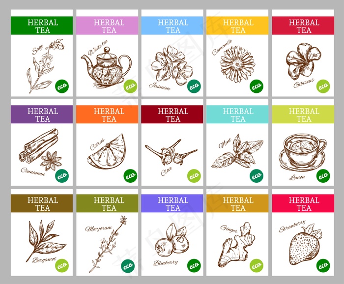 素描凉茶标签集eps,ai矢量模版下载