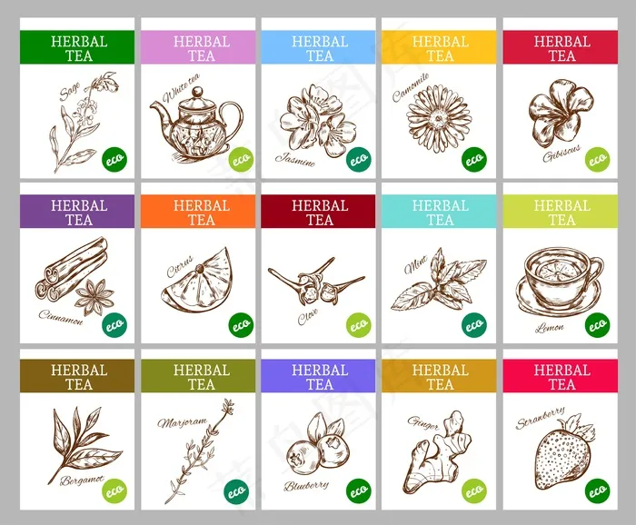 素描凉茶标签集eps,ai矢量模版下载