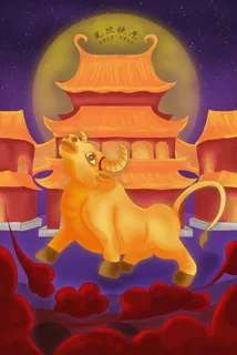 紫色系中国风2021元旦快乐古建筑金牛 紫色系中国风2021元旦快乐古建筑金牛