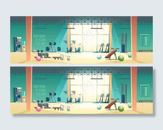 现代健身俱乐部健身房卡通矢量内饰