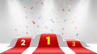 白色获奖者领奖台铺着红地毯和五彩纸屑。颁奖典礼的舞台。带聚光灯的基座。插图。