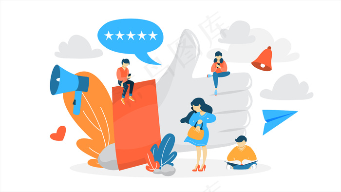 喜欢这个概念。小人物坐在巨大的拇指上竖起。社交网络和在线交流。表示感激。插图