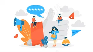 喜欢这个概念。小人物坐在巨大的拇指上竖起。社交网络和在线交流。表示感激。插图