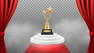 奖项背景。白色领奖台、红地毯和窗帘上的金色奖杯。逼真的获奖背景。vip名人活动、胜利和成功说明