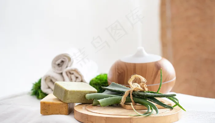 Spa成分带有现代精油扩散器和身体护理产品的香气