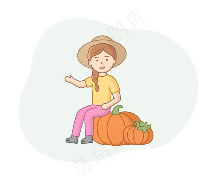 带着两个大橘子南瓜微笑的女农民。农场收获概念线性设计。戴宽边帽的女性角色。