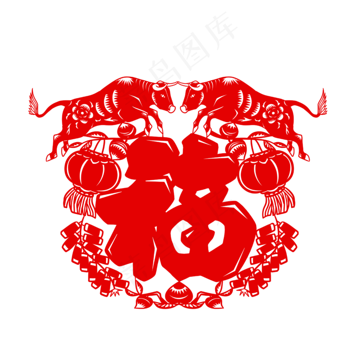 牛年窗花福字斗牛