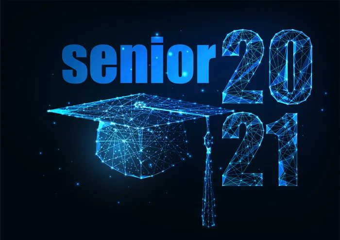 2021年毕业概念的未来派高级班，深蓝色低多边形发光毕业帽eps,ai矢量模版下载