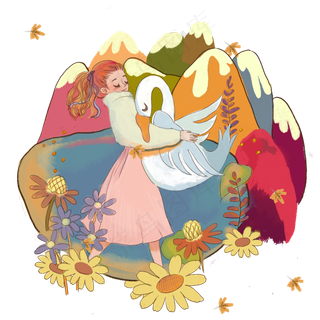 秋季秋天少女抱鹅湖水远山缤纷落