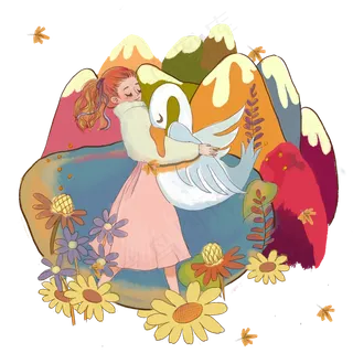 秋季秋天少女抱鹅湖水远山缤纷落