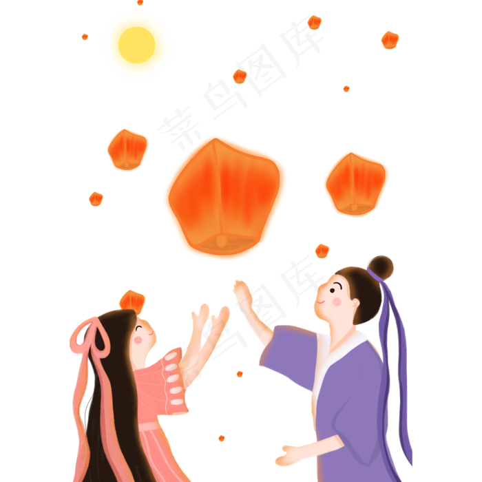 手绘浪漫七夕节牛郎织女赏月放孔(2000X2000(DPI:300))psd模版下载
