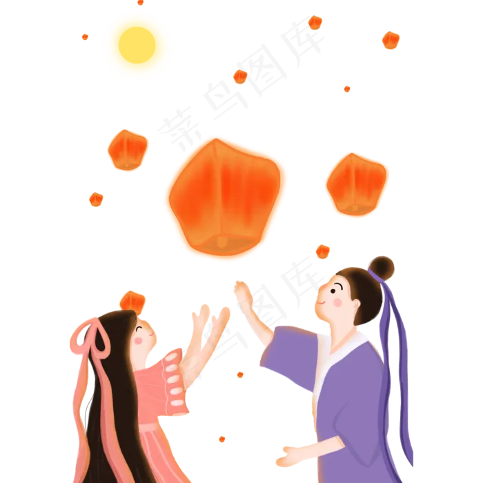 手绘浪漫七夕节牛郎织女赏月放孔(2000X2000(DPI:300))psd模版下载