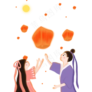 手绘浪漫七夕节牛郎织女赏月放孔