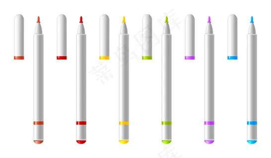 一套彩色标记。现实的荧光笔，毡尖笔或笔收集设计在家里，办公室和学校的项目，剪贴簿。