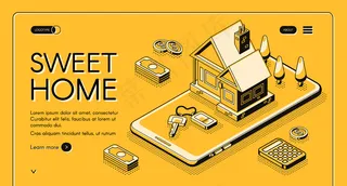 黄色半色调背景上等距细线的房地产代理服务插图。