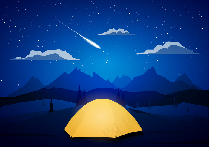 夜景山上有帐篷、营地和流星。eps,ai矢量模版下载