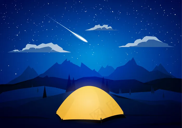 夜景山上有帐篷、营地和流星。eps,ai矢量模版下载