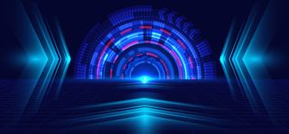 抽象技术蓝色圆圈，光束和箭头深蓝色。