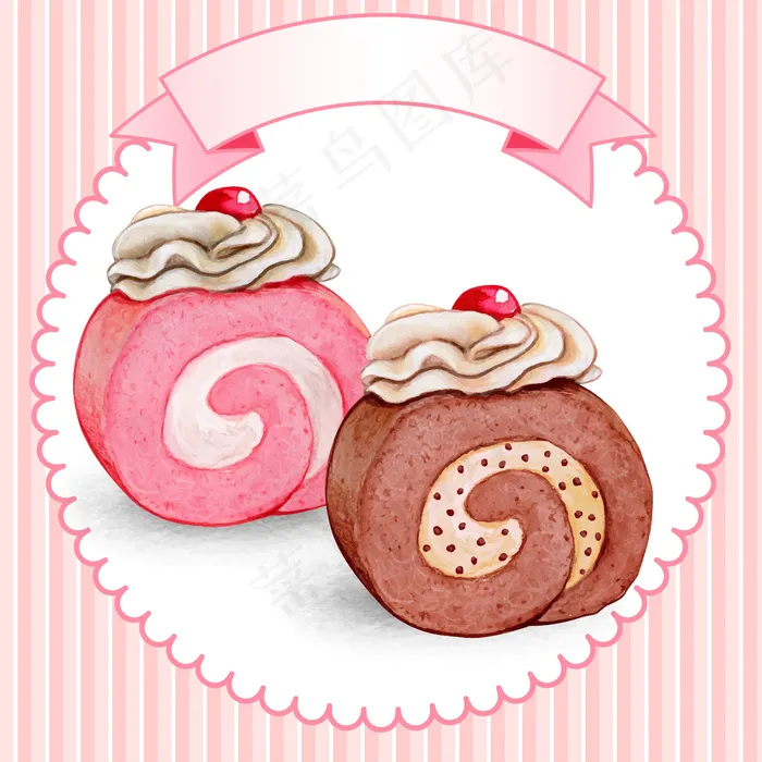 可爱的水彩卷蛋糕片草莓和巧克力口味eps,ai矢量模版下载